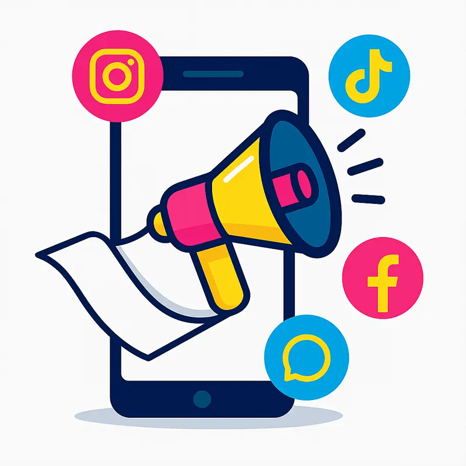 Ilustración de una persona con un megáfono anunciando en redes sociales